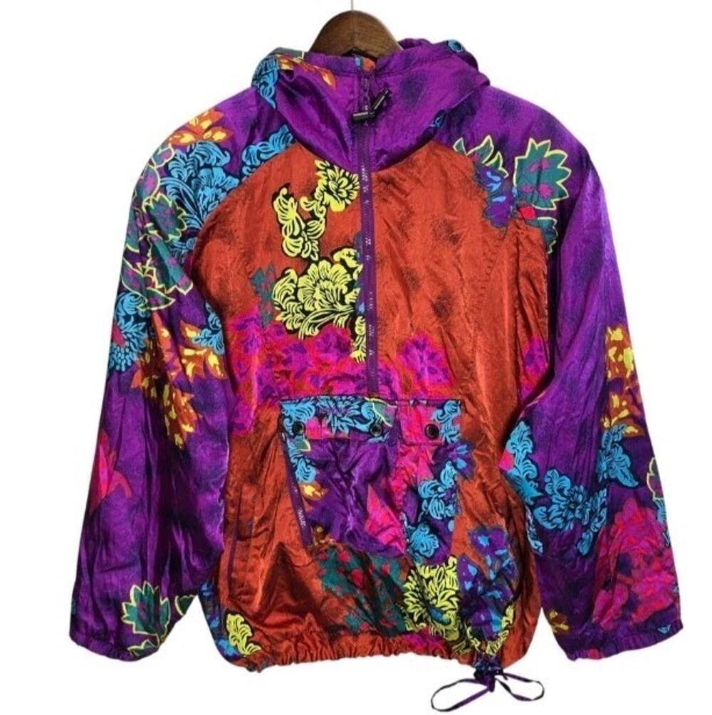 Vtg 90s Obermeyer Ski Jacket Anorak Womens M Arc Floral Neon Pullover Hooded